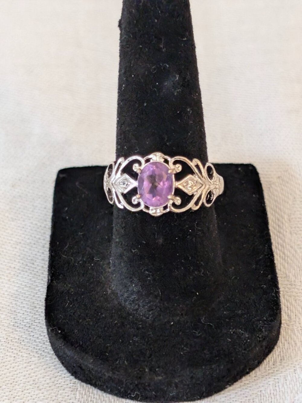 Vintage Sterling Silver Amethyst Diamond Filigree Ring – Stacker Design Size 6